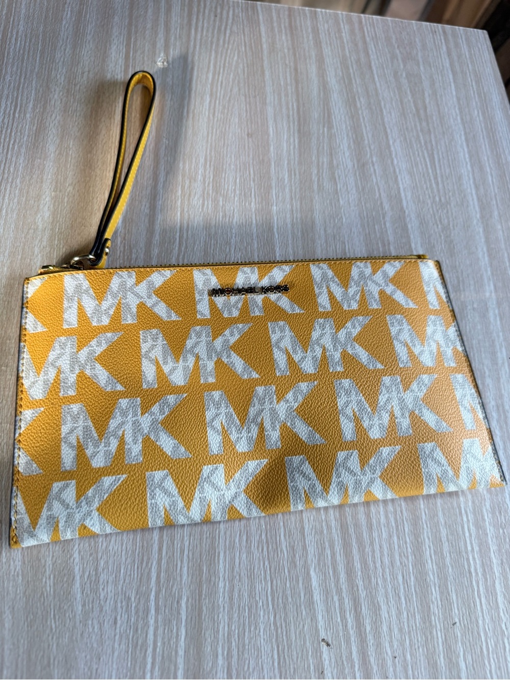 Michael Kors Yellow and White MK Logo Wristlet Clutch